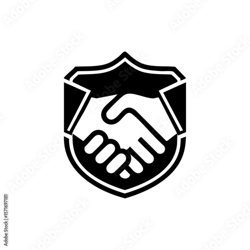 Black vector logo of a handshake inside a shield, symbolizing trustworthy partnership, protection, and ethical agreement.

