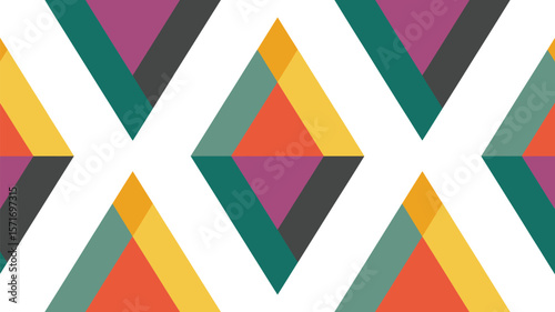 Geometric pattern with overlapping colorful triangles forming diamond shapes repeat
