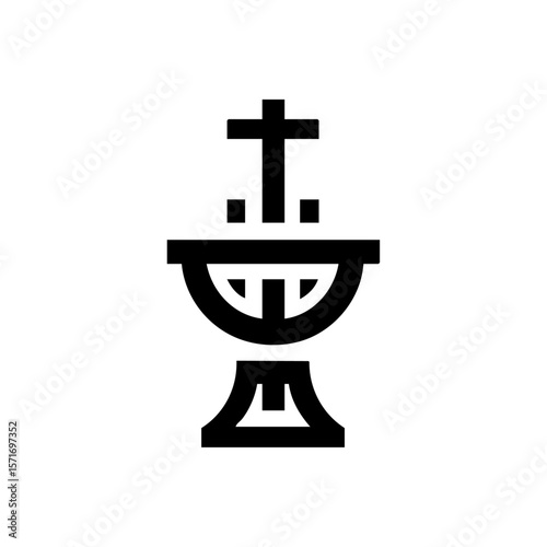 A minimalist black vector icon of a baptismal font with a cross above, representing Christian baptism, holy water, and sacred rituals.
