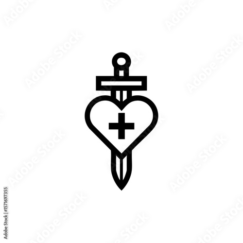 A simple vector illustration of a heart pierced by a sword and marked with a cross, symbolizing sacrifice, martyrdom, faith, and spiritual courage.
