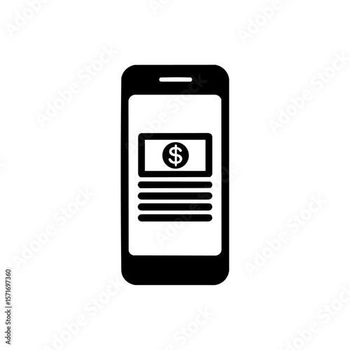 A vector icon of a smartphone displaying a dollar bill and lines, representing mobile banking, online payments, or digital financial management.
