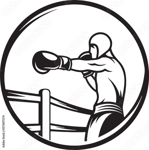 Boxing match silhouette with a punch being dodged in a circular frame. Great for movement, strategy, and reaction themes.