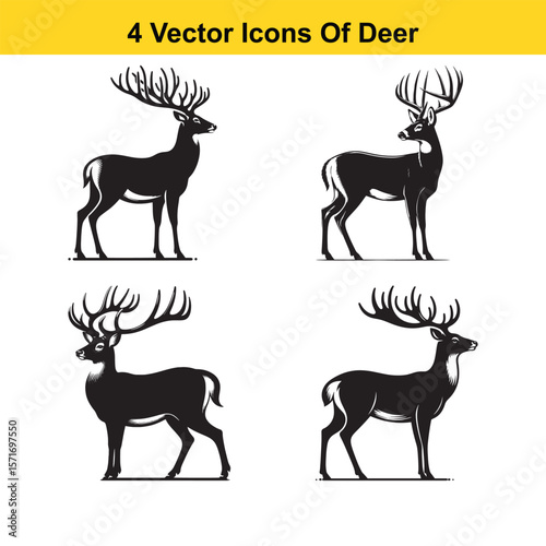 Black and White Deer Silhouette Standing Still – Flat Vector Illustration