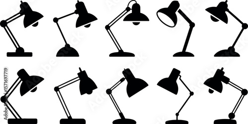 Vector illustration: Ten minimalist black desk lamp icons