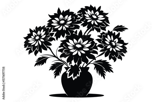 Monochrome Floral Arrangement Black and White Image of Chrysanthemums in Vase with Leaves
