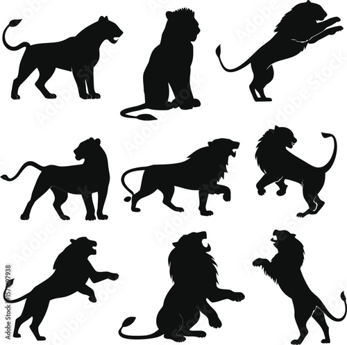 Lion silhouette bundle vector A collection of 9 black silhouettes in various poses, including jumping, standing, sitting. Each silhouette is clean and minimal,contrast, no details inside the shapes, 