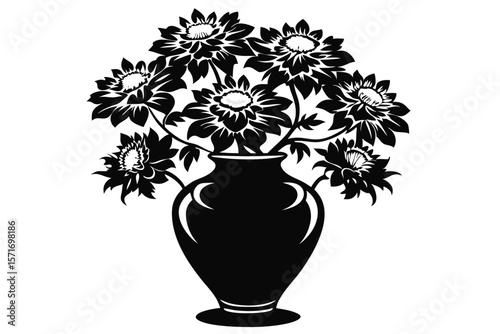 Monochrome Vase with Bold Flowers, Ornamental Design, Elegant Still Life Illustration, Vector Art