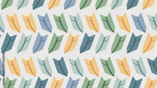 Repeating pattern of colorful stylized leaf shapes on a white background design