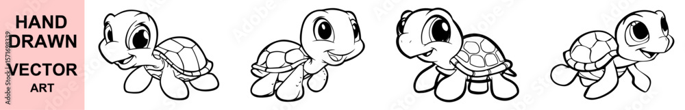 Fototapeta premium Cute Turtle Vector Cartoon Characters Collection for Kids Coloring Book and Animal Education Projects in Digital Line Art Style