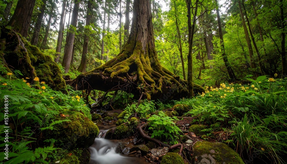 Flowing Stream Underneath Rooted Tree in Lush Green Forest Flowing Stream Underneath Rooted Tree in Lush Green Forest