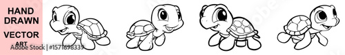 Cute Turtle Vector Cartoon Characters Collection for Kids Coloring Book and Animal Education Projects in Digital Line Art Style
