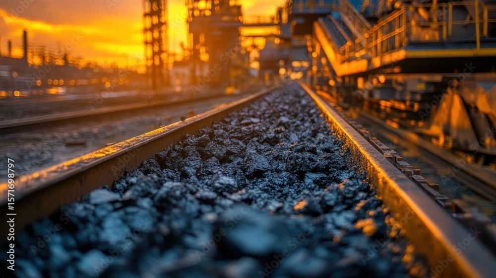 Obraz premium Industrial railway tracks filled with dark stones at sunset