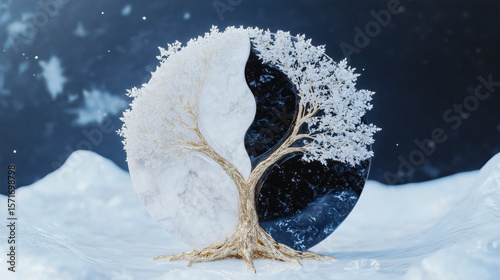 yggdrasil tree of life combined with yin yang icon in wintery colors