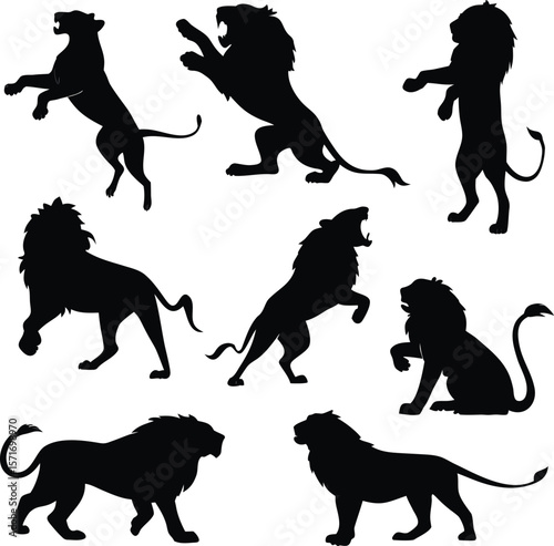Lion silhouette bundle vector A collection of 9 black silhouettes in various poses, including jumping, standing, sitting. Each silhouette is clean and minimal,contrast, no details inside the shapes, 