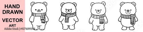 Adorable Hand Drawn Teddy Bear Vector Illustrations Wearing Scarves, Winter Season Clipart, Cute Animal Cartoon Character Collection for Kids, Printable Art, Design Use