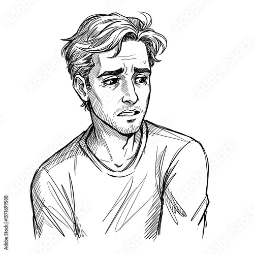 Distrustful young man with wavy hair showing concern on white background
