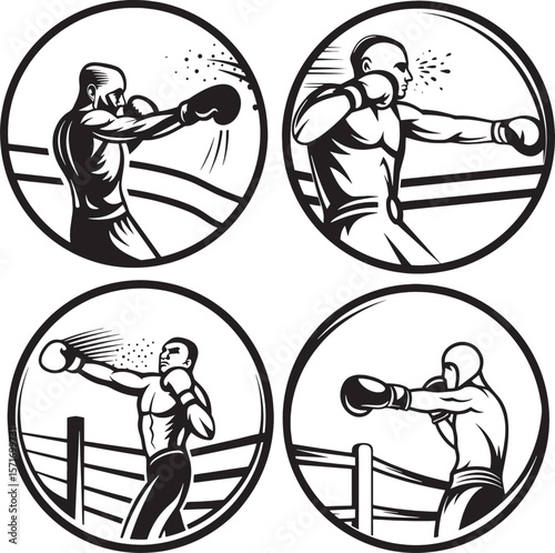 Set of four boxing silhouettes showing different punch and defense poses, ideal for combat or sports-related icon packs.