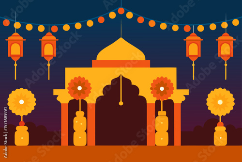 ndian courtyard with lanterns and marigold garla