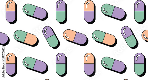 Repeating pattern of colorful capsule pills with black outlines on white background