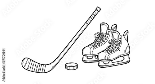 Vintage sketch hockey set - stick, puck, and skates vector doodle illustration on white background









