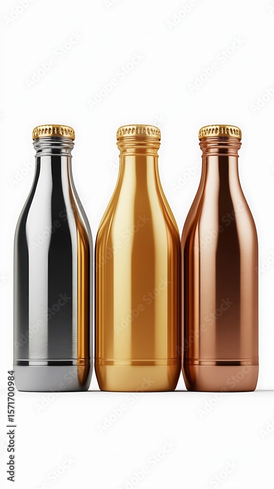 Three metallic bottles with gold caps display a spectrum of silver, gold, and bronze Three metallic bottles with gold caps display a spectrum of silver, gold, and bronze