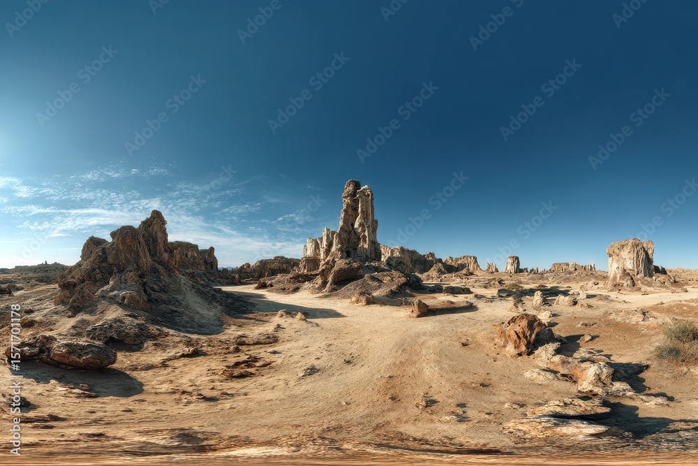 Obraz premium Panoramic view of alien desert landscape featuring towering rock formations and clear blue sky at midday