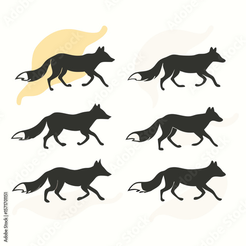 Six Fox Silhouettes in Dynamic Poses Walking Running Leaping