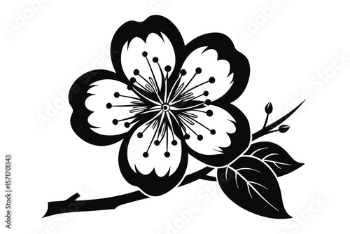 Detailed Black Silhouette of Blossoming Plum Branch with Leaves and Buds Artwork