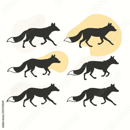 Six Fox Silhouettes in Dynamic Poses Walking Running Leaping