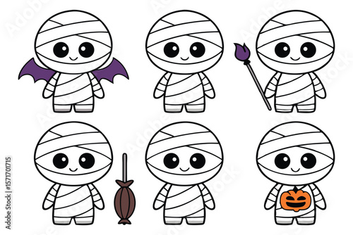Six cute cartoon mummies with halloween accessories mummy character