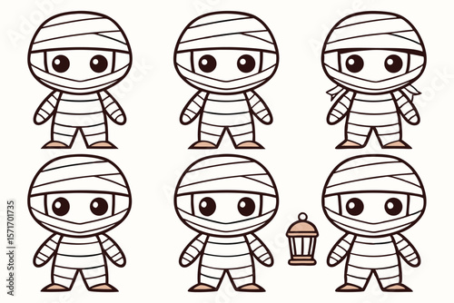 Six cute mummy characters and a lantern halloween cartoon