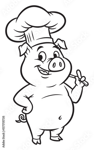 Cartoon Pig Chef Outlined with Smiling Face and Spatula