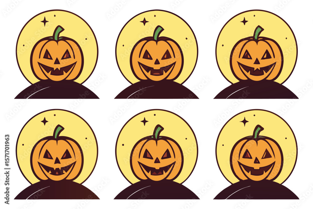 Fototapeta premium Orange pumpkins with carved faces under yellow moon halloween jack o lantern
