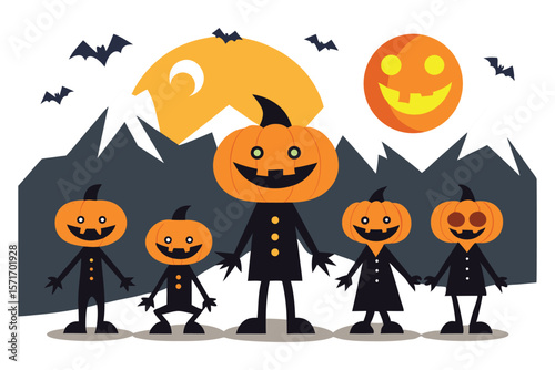 Five jackolantern characters with bats and moons halloween pumpkin