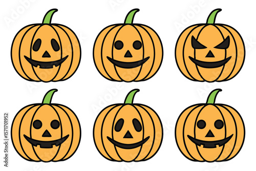 Orange pumpkins with carved faces and green stems halloween jack o lantern