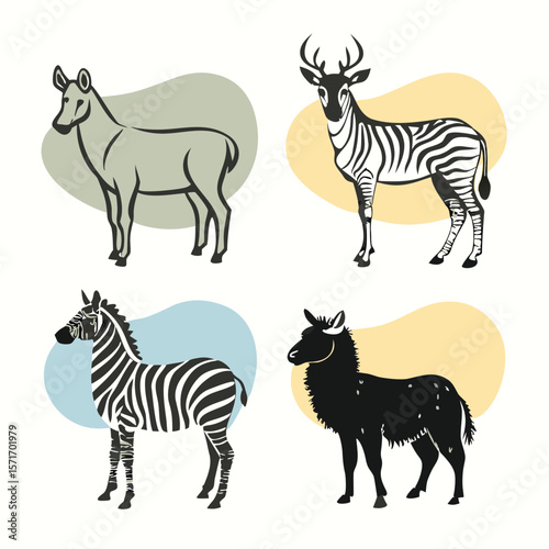 Cute Deer Zebra Bison and Llama Animal Illustration