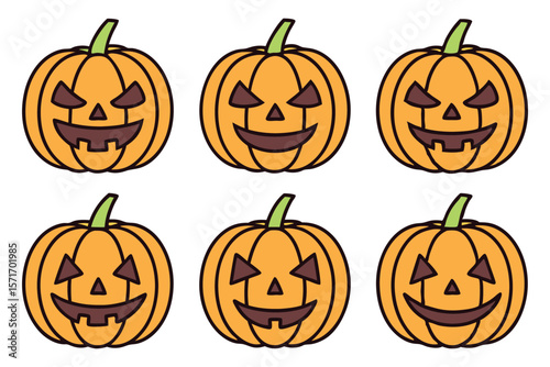Six orange pumpkins with carved faces and green stems halloween jack o lantern