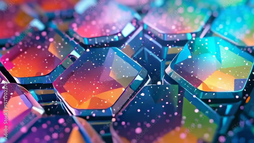 Colorful hexagonal shapes form an intricate pattern filled with light and texture, showcasing a captivating visual experience.