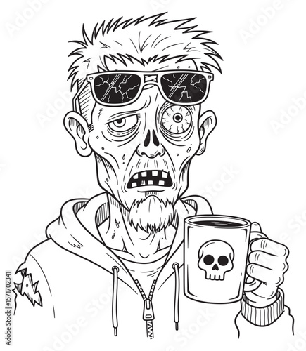 Line Art Illustration of a Zombie Holding a Coffee Mug with Skull Graphic
