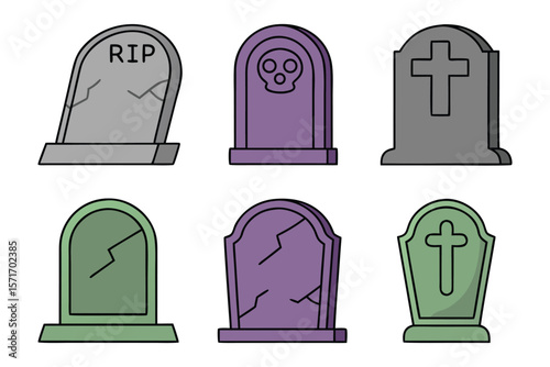 Colorful cracked tombstones with spooky symbols skull cross