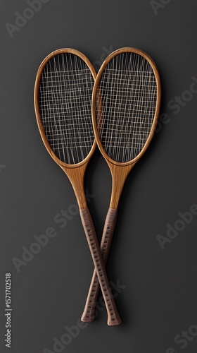 Two vintage tennis racquets are carefully arranged on a dark gray background