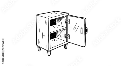 Vintage sketch doodle open small nightstand on white background
