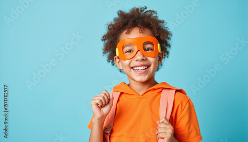 A cheerful black schoolboy in an orange sweatshirt with a backpack and a superhero mask on a blue background.
