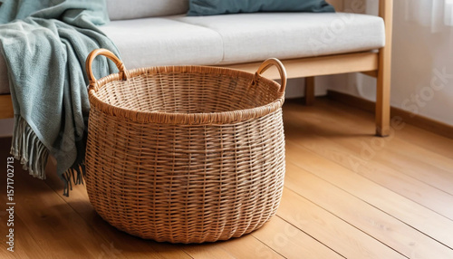 Handwoven wicker basket on wooden floor