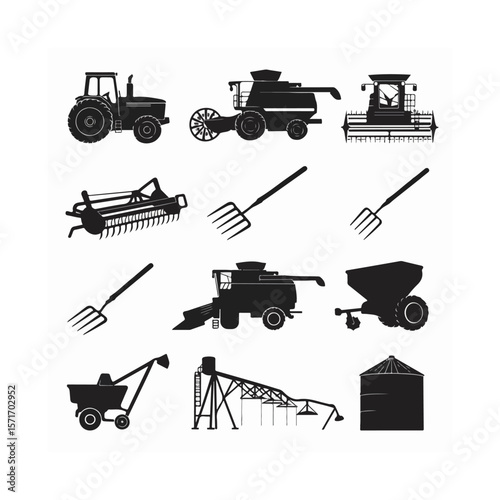 Farming Equipment Silhouette Vector Illustration Set