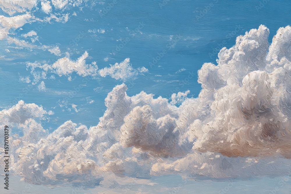 Naklejka premium Majestic clouds drift across a bright blue sky during a tranquil afternoon, creating a serene and picturesque atmosphere filled with soft hues and light