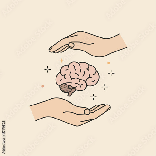 Hands protecting a brain illustration in soft colors on a beige background  