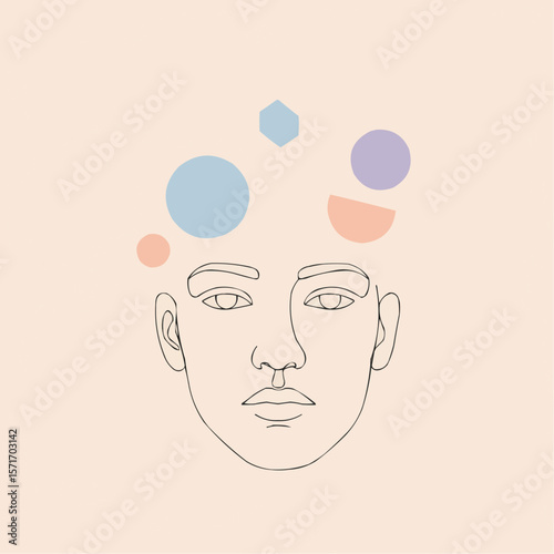 Abstract illustration of a person’s face with geometric shapes above  