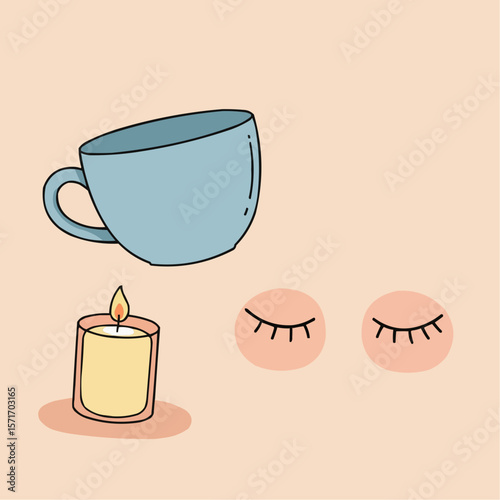 Cozy blue cup and candle with closed eyes on soft background  