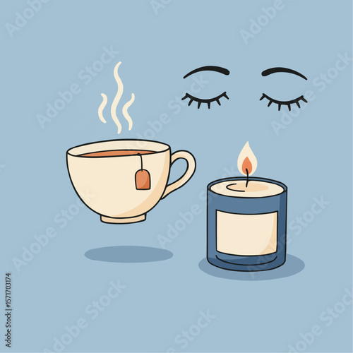 Cozy teacup and candle on blue background with closed eyes  